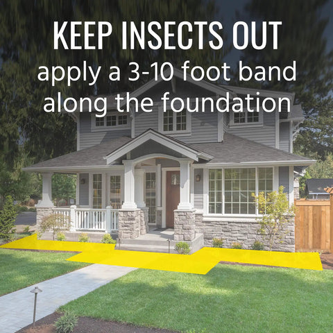 Image showing a house with instructions to apply a 3-10 foot band using Ant Killer Plus Insect Control 3 Lb Bags Two Pack.