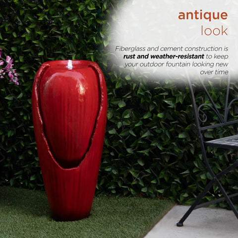 33 Inch Outdoor Vintage Cascading Antique Jar Water Fountain With LED Lights Red Finish for Garden Decor