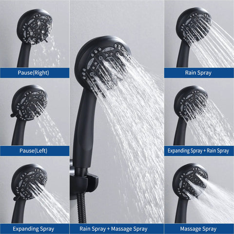 Matte Black High Pressure Shower System With Six Setting Rain Shower Head And Handheld Combo Including Pressure Balance Valve