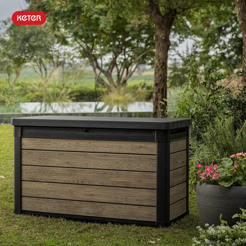 Real Deal All Weather Deck Storage Trunk With 100 Gallon Heavy Duty Resin For Patio Outdoor Cushions Yard Gear And Pool Supplies Ashwood Finish in outdoor setting.