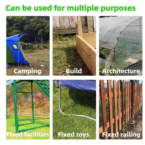Image showing multiple uses of 11 Pack 12 Inch Beefy Galvanized Steel Rebar Stakes U Shaped Ground Anchors for tents, buildings, and fences.