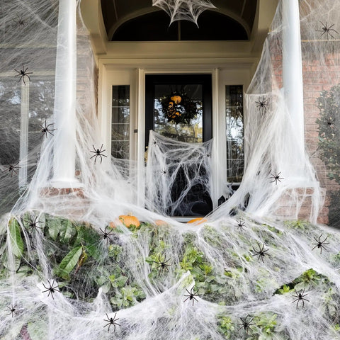 1000 Square Feet Spider Web Halloween Decor with 30 Fake Spiders White Cobweb Mesh on porch with pumpkins for spooky entrance.