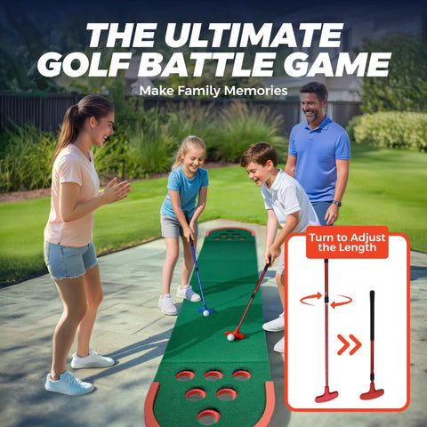 Family playing on Backyard Mini Golf Putting Game Set With 2 Putters And 2 Balls 10 Foot Practice Putting Green Mat For Adults