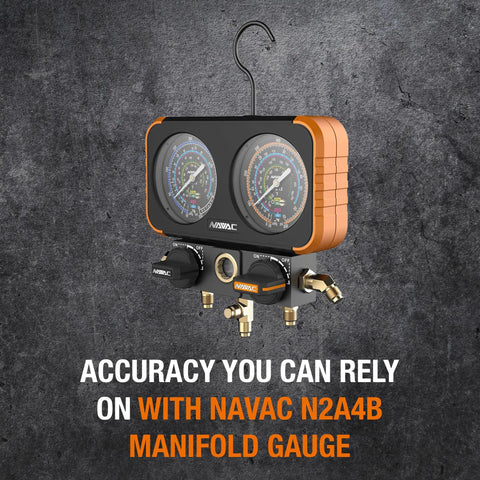 Precise Class 1.0 HVAC Manifold Gauge Set With Beefy Aluminum Body showing dual dials and valves, ideal for technicians.