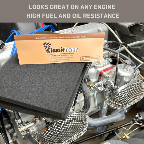 Universal DIY Air Filter Foam Sheet displayed with classic car engine setup.