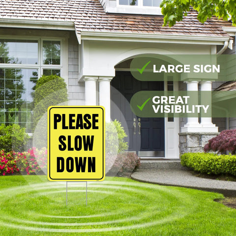 Please Slow Down Yard Sign With Stake 13x17 Inches Double Sided Corrugated Plastic Kids At Play Safety Sign for street to keep drivers in check and protect children and pets displayed on lawn