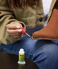 Multipurpose Brush On Super Glue Six Count Pack Quick Drying Liquid Adhesive Zero Hassle Applicator Knocks Out Instant Grab For Rapid Home Fixes And Diy Projects Dang Strong Hold used to repair a brown suede boot.