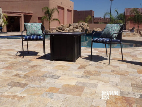 Outdoor Propane Fire Pit Table Top With 40,000 BTU, 30x30 Inch Square Tile Table Top, poolside setup with chairs