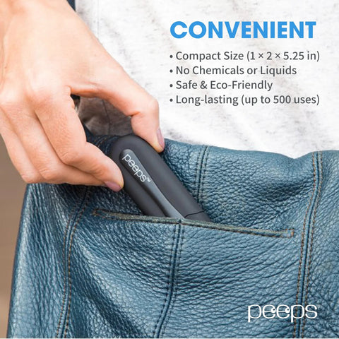 Peeps eyeglass lens cleaner, compact black carbon microfiber device with white Peeps logo in a denim pocket
