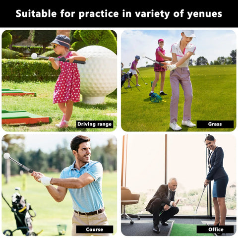 People practicing with Retractable Golf Swing Training Aid For Beginners With Instant Click Feedback in different settings