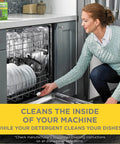 Woman placing a tablet in dishwasher; demonstrating Dishwasher Cleaner Tablets 24 Count Two Pack Powers Away Odor Causing Bacteria.
