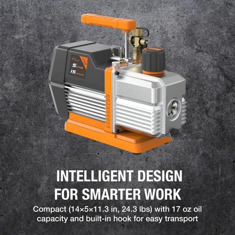 Top Shelf Dual Stage Hvac Vacuum Pump With Five Cfm Flow Rate And Fifteen Micron Suck Power Three Quarter Horsepower Motor, compact design.