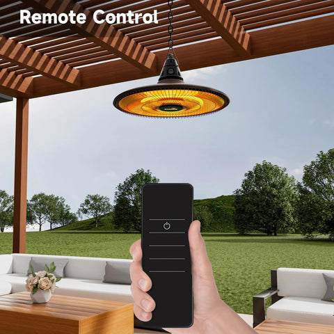 1500W Infrared Ceiling Outdoor Heater With Quick 1 Second Heat Wall Mounted Hanging Patio Heater For Gazebo And Balcony 360 Degree Heating Weatherproof Brown Finish For Year Round Outdoor Comfort hanging from pergola with remote control