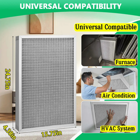 16X25X5 Hvac Furnace Air Filter Featuring Merv 11 Capture Washable And Reusable Build for universal HVAC use, showing dimensions 24.75x15.75x4.38 inches.