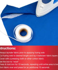 Heavy Duty Iron-On Fusing Web Fabric Adhesive, 3/4 Inch by 8 Yards roll next to iron on blue fabric, ideal for garment repairs.