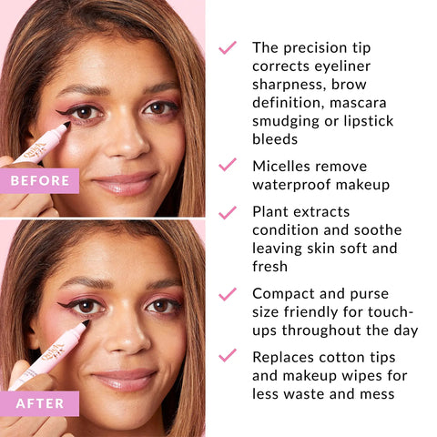 Reusable Waterproof Makeup Remover Pen Snag This Quick Fix For Smudged Eyeliner Mascara And Brows With An Easy Fine Tip Eraser That Delivers Instant Lipstick Touch Ups Travel Ready Vegan Micellar Formula Hits Different Every Time before and after image showing makeup corrections on a woman using the pen.