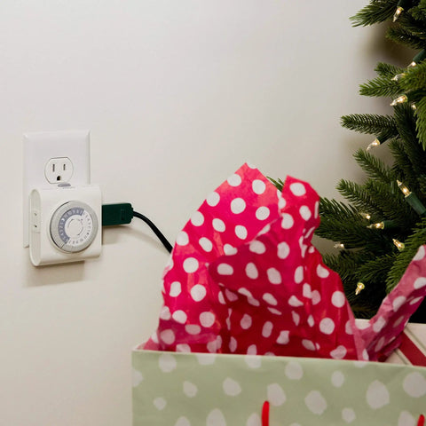 24 Hour Mechanical Timer Outlet With Two Polarized Plugs, White Exterior For Auto Lighting, Easy Push Pin Schedule, No Sweat Daily On Off Cycles And Seamless Plug And Play Convenience on wall socket with colorful gift bag.