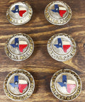 Pack Of Six Rustic Western Texas Flag Drawer Knobs Hand Painted Lone Star Cabinet Hardware For Down South Furniture Makeovers Featuring Mighty Fine Yeehaw Country Charm displayed on wooden surface.
