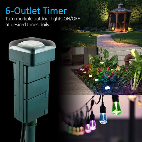 Built Like A Tank Weather Resistant Outdoor Mechanical Timer With An Effortless 24 Hour Dial Routine Plus Beefy 6 Grounded Outlets For String Lights Fountains And Pump Gear in a garden setting.