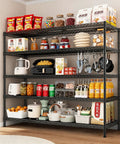 Beefy Five Tier Heavy Duty Adjustable Wire Shelving Rack With Three Thousand Two Hundred Lbs Max Capacity For Garage Organization Kitchen Pantry And Stacking Storage Built Tight To Handle Your Heaviest Gear Measures Fifty Nine By Eighteen By Seventy One, displaying food and kitchen items.