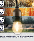 Close-up of Outdoor LED String Lights with Weatherproof Design, showing bulb amidst seasonal backgrounds