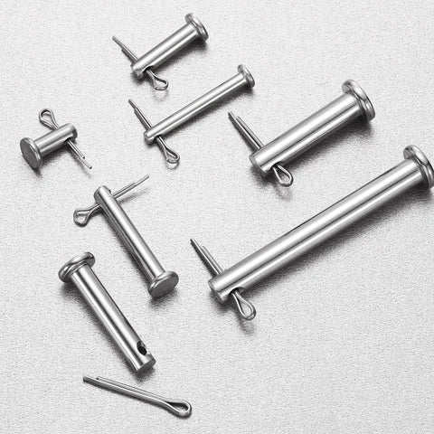 Top Shelf 8 Piece M3x25mm Single Hole Clevis Pins With Cotter Pins heavy duty 304 stainless steel fasteners laid out on a surface.