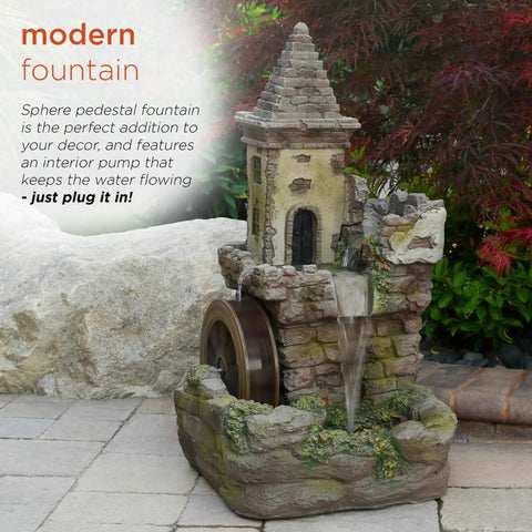 Outdoor Floor Tiered Fairy Castle Waterwheel Fountain With Realistic Stone Look Brown Finish, Includes Internal Pump