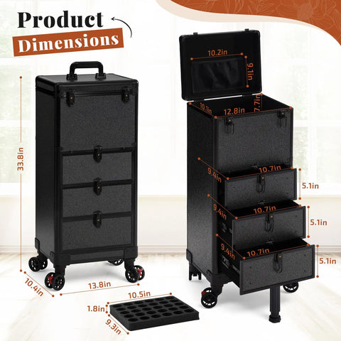 Ro ad Ready Roller Makeup Train Case With Three Spacious Drawers For Salon Pros And Grooming Artists Features Smooth Pivot Wheels And Tough Cosmetics Hauler Cart dimensions displayed with measurements.