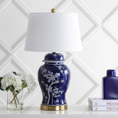 Traditional Ceramic Ginger Jar Table Lamp in White and Navy with White Linen Shade, 29.5 Inch Tall, LED Bulb, ETL Listed