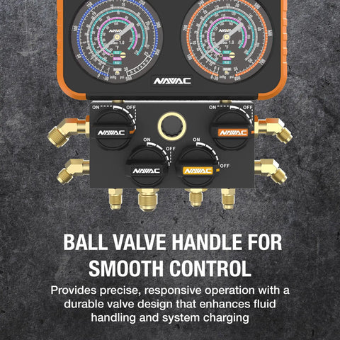 Close-up of Tough As Nails 4 Valve Air Conditioning Manifold Gauge Set with rubber-coated controls and dual pressure gauges.