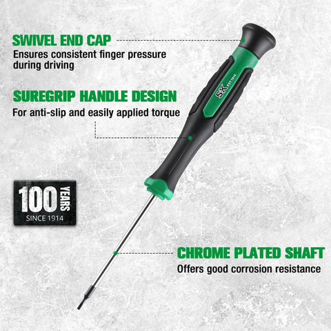 Hella Durable 12 Piece Mini Screwdriver Set Featuring Rock Hard Magnetic Bits And Smooth 360 Degree Swivel For Nitty Gritty Precision And Tech Fixes, showing swivel end cap and anti-slip handle.