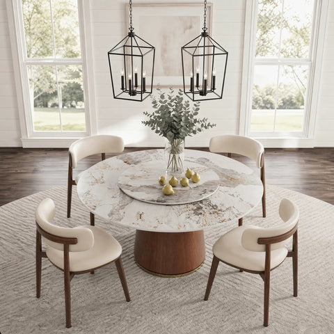 Built Different 53 Inch Round Dining Table Featuring Removable Lazy Susan Gold Ring Faux Marble Top with solid wood pedestal and chairs.