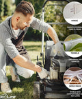 Man wearing Bulk Six Pack Clear Lens Safety Glasses ANSI Z87 1 Certified, fixing a lawn mower outdoors.