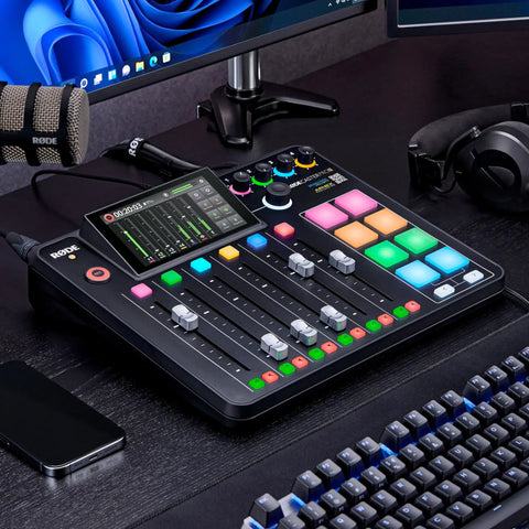 Kickstart Your Streaming Legacy With This Dope 3 Host Podcast Console Bundle featuring an audio mixer with colorful buttons and sliders.