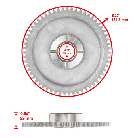 Top Shelf Starter Clutch Assembly With Idler Gear Bearing And Precision Seal For Yamaha Big Bear 400 4X4 2000 To 2012 Tight Ride Ready Swap showing gear dimensions and silver finish.