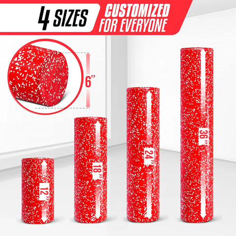 High Density EPP Round Back Foam Roller For Back, Yoga And Pilates in Red Snow, shown in 4 sizes: 12", 18", 24", and 36" for deep tissue massage