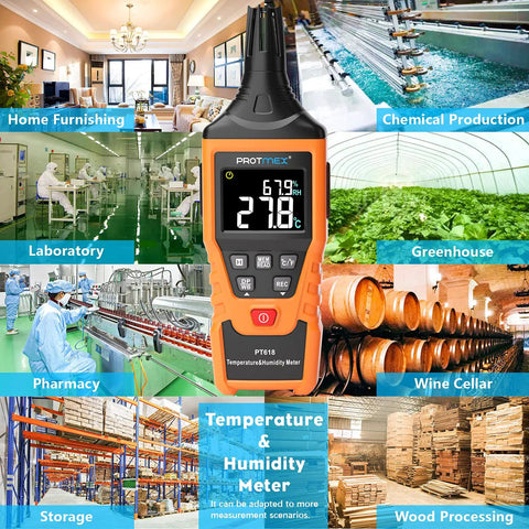 All In One Digital Temperature And Humidity Meter With Wet Bulb Dew Point Readout For Indoor Outdoor Use Min Max Data Hold LCD Backlit Display Thermometer Hygrometer Monitor For Ambient Conditions in various settings