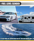 Heavy Duty Marine Fuel Sending Unit With 22 Inch Corrosion Resistant Stainless Steel Float Gauge For Trucks Rvs Boats And Generator Setups shown with vehicles and boat.