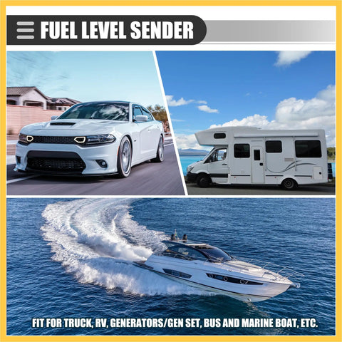 Heavy Duty Marine Fuel Sending Unit With 22 Inch Corrosion Resistant Stainless Steel Float Gauge For Trucks Rvs Boats And Generator Setups shown with vehicles and boat.