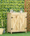 Top Shelf 32 Inch Galvanized Top Workshop Cabinet With Dual Shelves And Rust Resistant Farmhouse Doors in natural wood color.