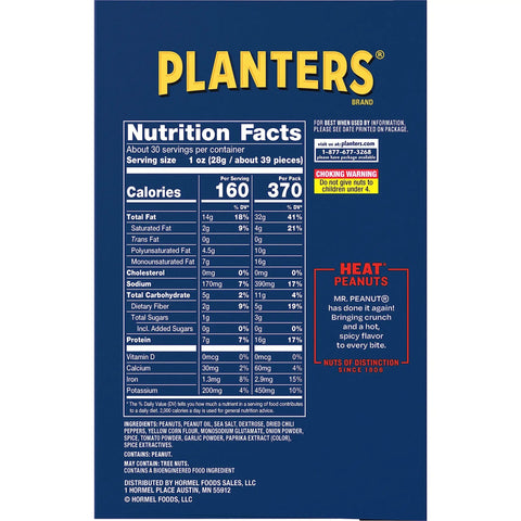 Nutrition facts for Killer Spicy Peanut Snack Packs, 2.25 oz, showing calories and protein content per serving.