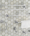 Townsend 24 Inch Double Towel Bar in Polished Chrome mounted on hexagonal tile wall with concealed fittings.