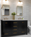 Bathroom vanity with six pack of 5 inch 128mm retro zinc alloy cabinet handles, antique brass pulls on dresser, vintage style hardware.