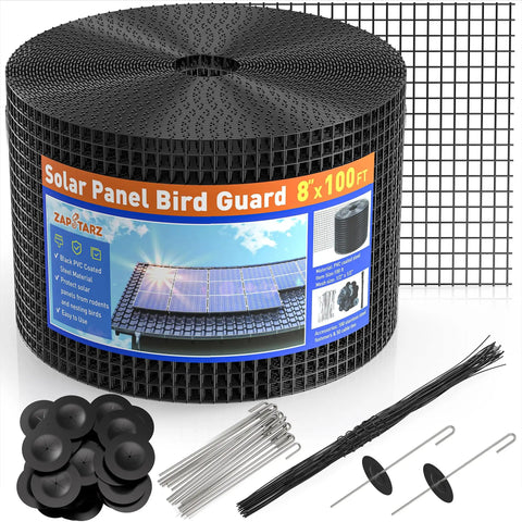 Premium Heavy Duty Solar Panel Critter Guard 8 Foot By 100 Feet with accessories and fastener clips in protective black mesh.