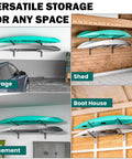Heavy Duty Wall Mounted Kayak Storage Rack Featuring Adjustable Pads For Two Boats in garage holding two kayaks securely.