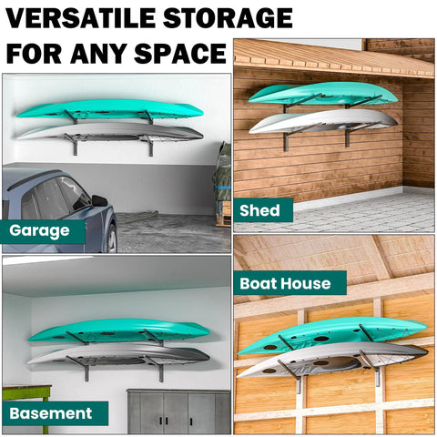 Heavy Duty Wall Mounted Kayak Storage Rack Featuring Adjustable Pads For Two Boats in garage holding two kayaks securely.