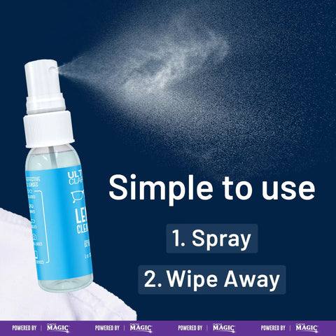 Nano Magic Eyeglass Lens Cleaning Spray 7oz Value Pack With 1oz Spray, misting effect shown, for glasses and screens cleaning.