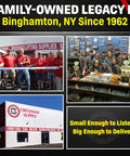 Family-owned business Chenango Supply in Binghamton, NY, showcasing staff, store exterior, and hardware supplies.