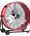 Beefy 24 Inch High Velocity Drum Fan With 8800 CFM, metal blades, red frame, 3 speed tilt, industrial floor fan in focus
