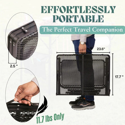 Person carrying Portable Folding Table With Carry Case And Built In Paper Towel Holder Garbage Bin Wing Panels 3x2 Ft
